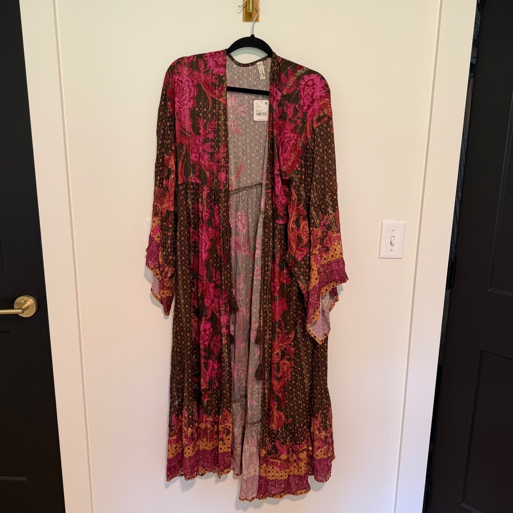 Free People Brown and Hot Pink Bohemian Floral Kimono Cardigan